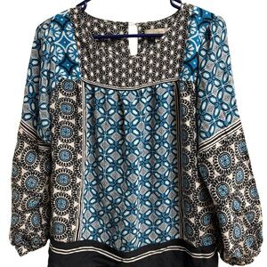 LOFT Blue Black Geometric Boho Blouse Small Rayon Long Sleeve Pullover Top